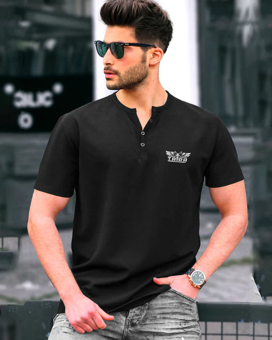 Men Henley Neck Plain  Black Half Sleeve T-Shirt