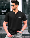 Men Henley Neck Plain  Black Half Sleeve T-Shirt