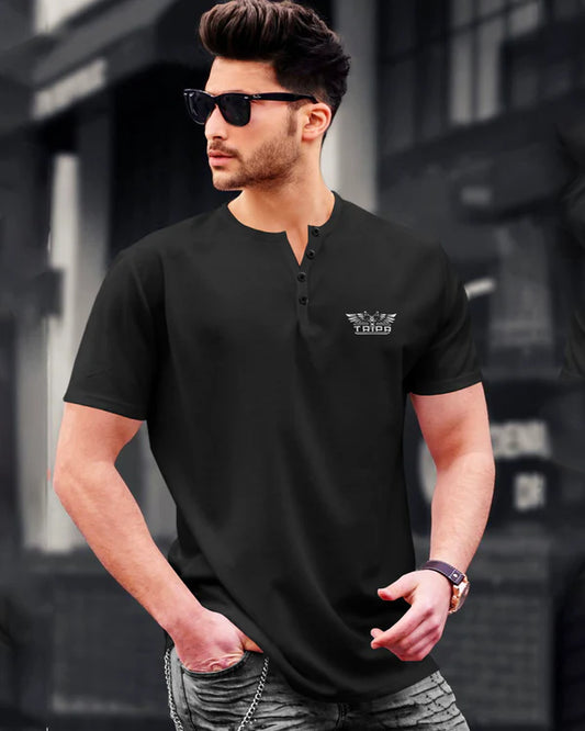 Men Henley Neck Plain  Black Half Sleeve T-Shirt